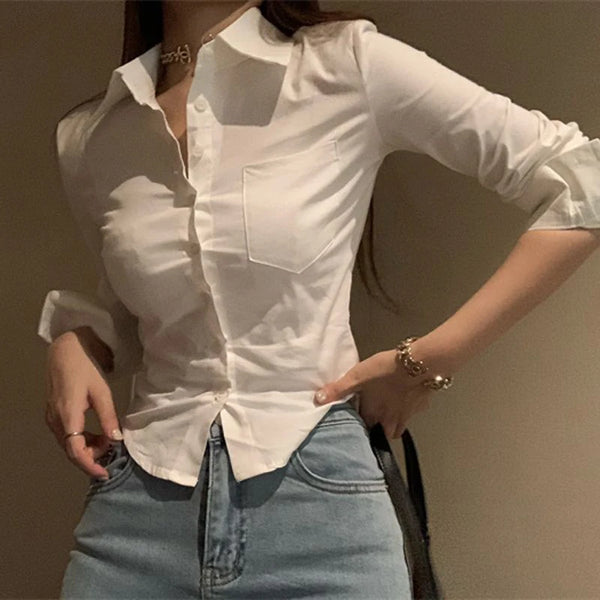 Gidyq Elegant Women Korean Shirts Fashion Streetwear Female Slim Blouse.