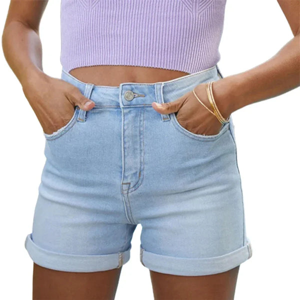 Summer Stretch Midriff Button Splice Denim Shorts Women Comfortable.