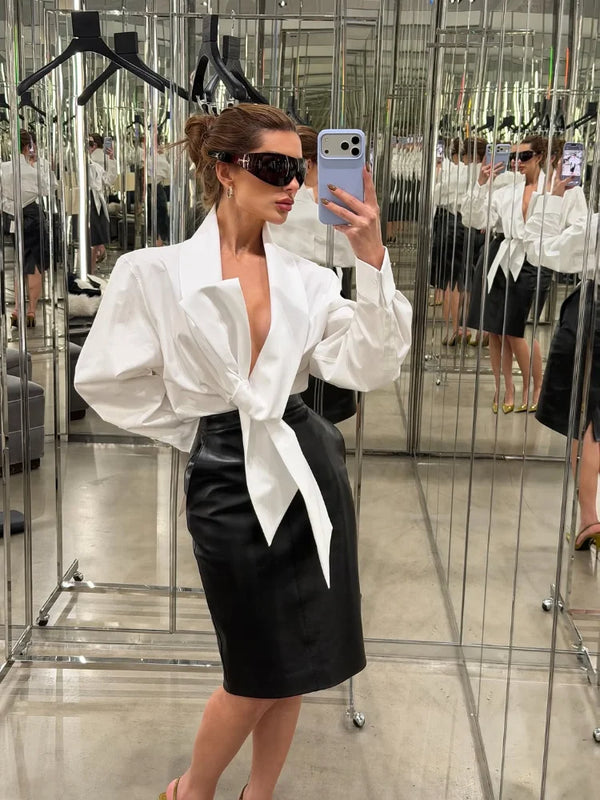 Women's White Tie Front Knot Blouse Elegant Sexy Shirt.