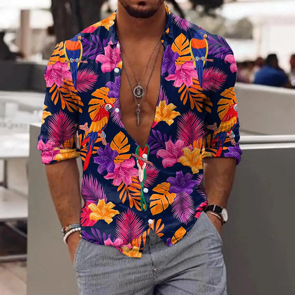 New Trend Men's Shirts Casual Floral Printed Lapel Button Long Sleeve.