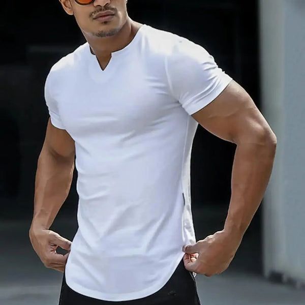 Long Type Slim Fit Men T-shirt V-Neck Short Sleeve Arc Hem T-shirt Summer.