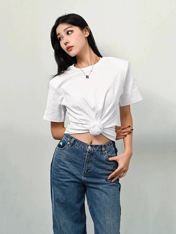 Y2K knotted twist knitted threaded round neck Top women fashionable.