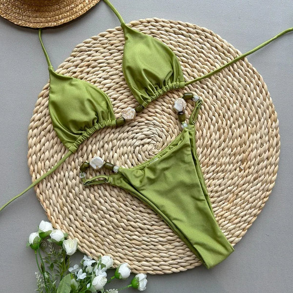 Solid Green Swimwears Sexy Halter Triangle Bead String Bikini Mini Micro.