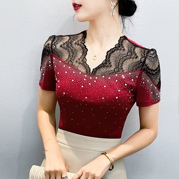 Summer Women Tops New Korean Fashion Diamond Mesh T Shirt V-neck.