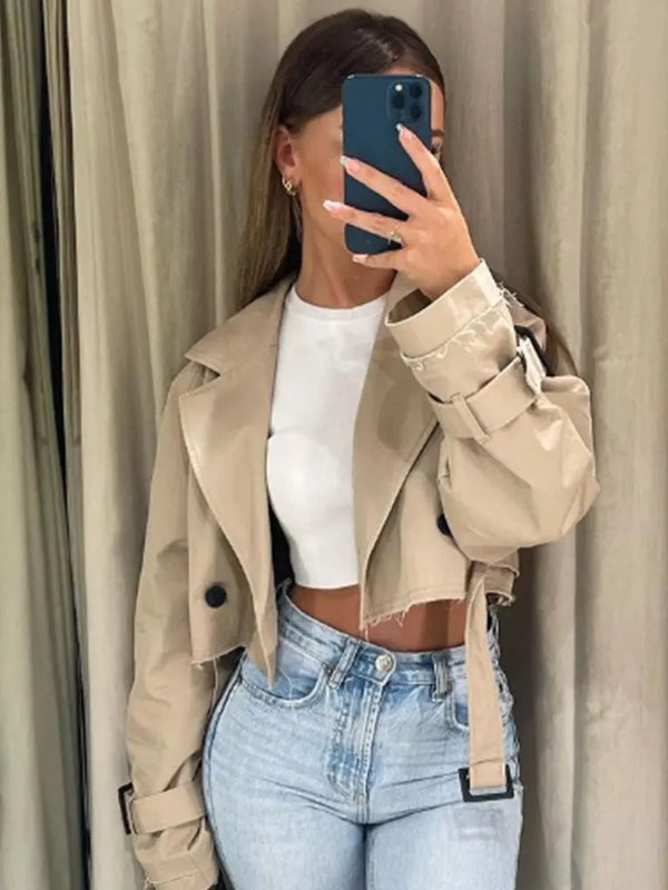Jacket Women Vintage Streetwear Double Breasted Long Sleeve Top.