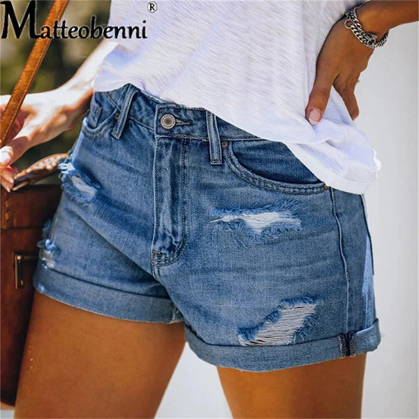 Women Fashion Ripped High Waisted Rolled Denim Shorts.