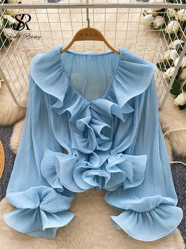 SINGREINY Ruffles Pleated Romantic Tops Thin Spring Summer V Neck.