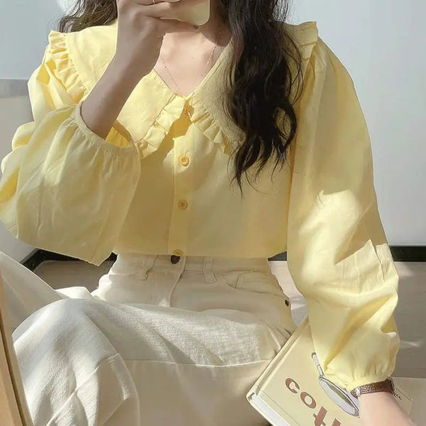 Sweet French Style Ruffle Blouse for Women Spring Summer Puff Sleeve Button.