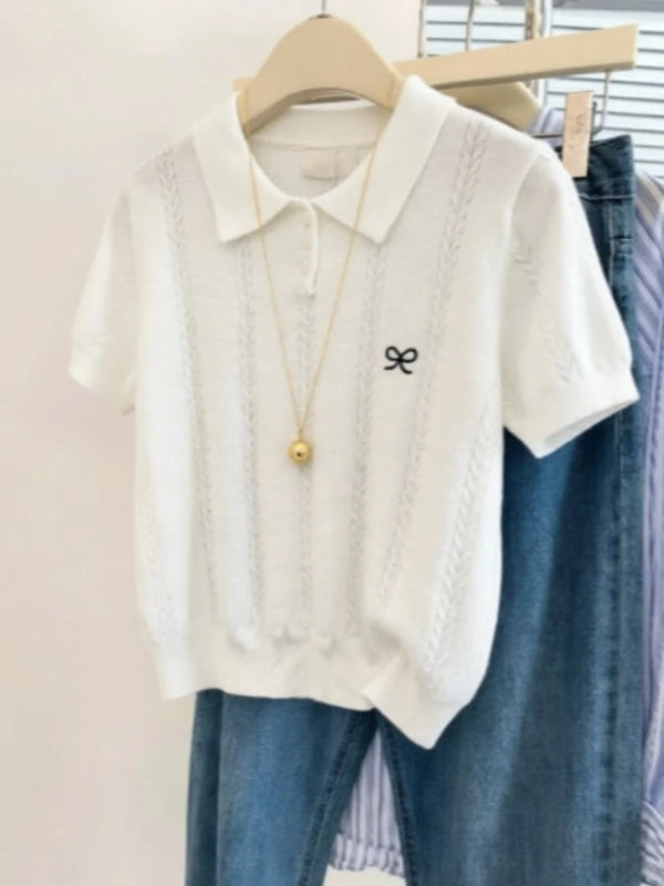 AOSSVIAO Cute Bow Embroidery Short Sleeve Tops Summer Women.