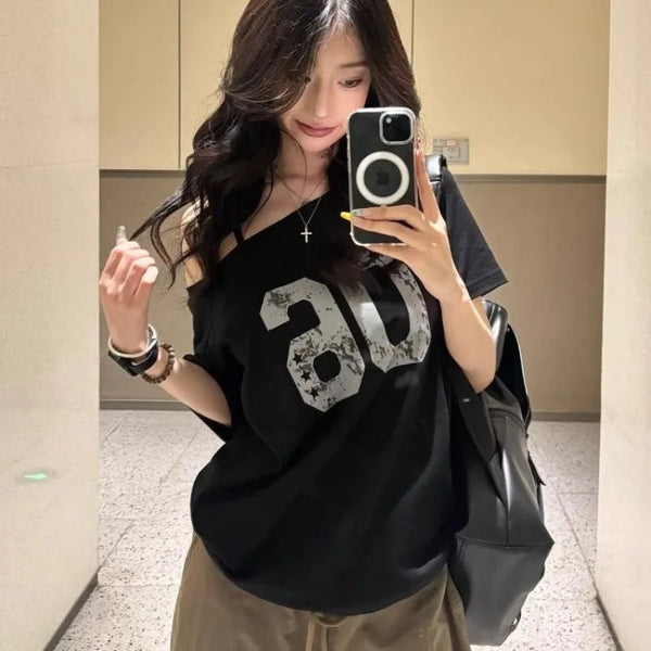 Black Off Shoulder Slant Neck Short Sleeve T-Shirt Summer Women Sweet.