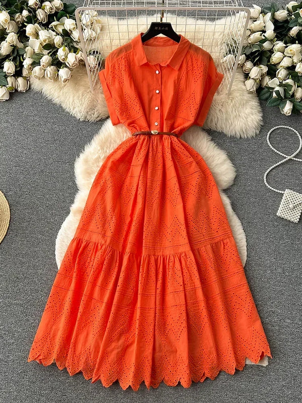 Women Summer Dress Loose Breasted Lace Up Long Dress.