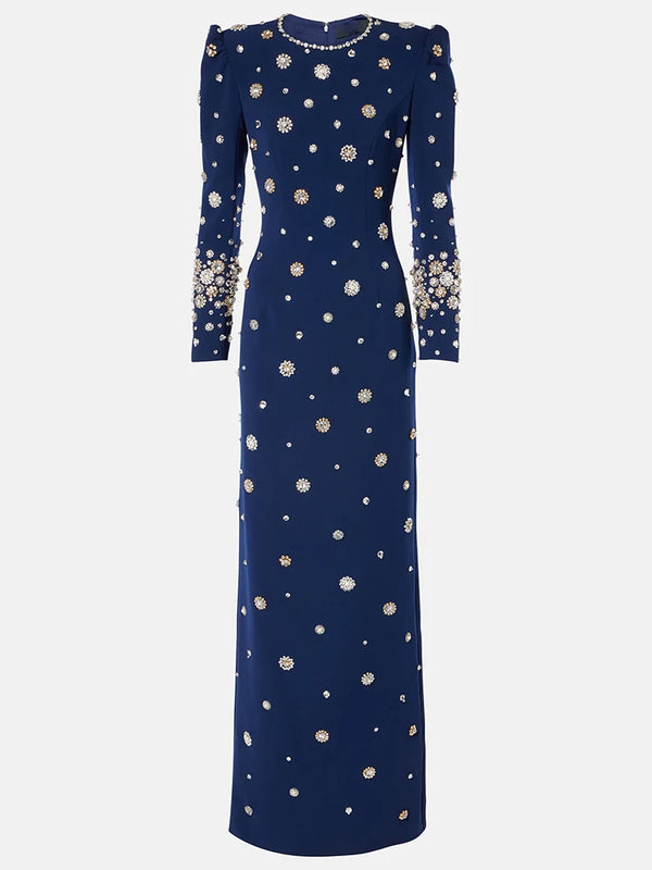 Women's Formal Long Sleeve Luxurious Beaded Long Maxi Dress.