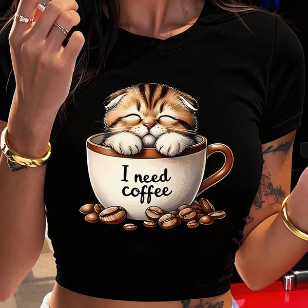 Funny Cat and Coffee Print Sexy Crop Tops for Woman Crew Neck Short Sleeve.