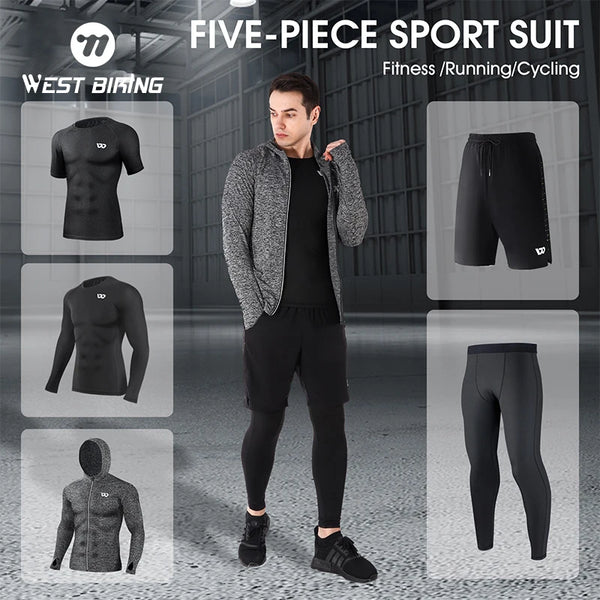 WEST BIKING 5Pcs Sport Suits Men's Compression Pants Top Shirt Long Sleeve.