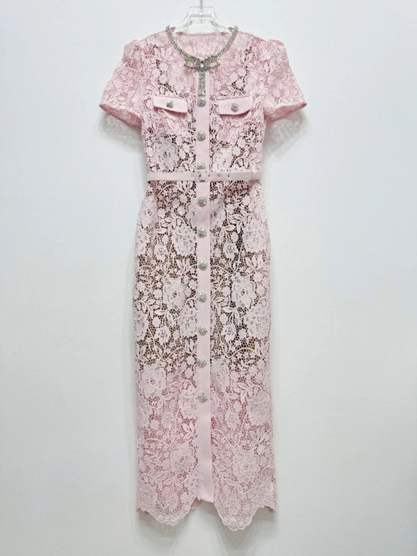 Women’s Lace Midi Dress Diamonds Bow Pink Floral Crystal Short Sleeve.