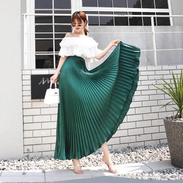Women's Long Satin Metal Luster Pleated Skirt Half-length Accordion Skirt.