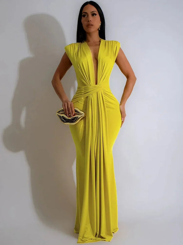 Elegant Ruched Bodycon Maxi Dresses for Women Birthday Night Party.