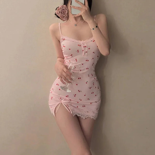 Summer Cherry Pattern Printed Nightgown Suspender Pink Women's Sleep Dress.