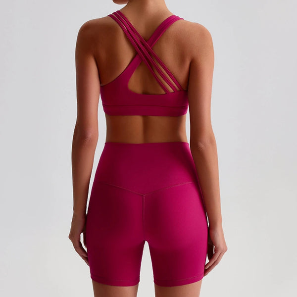 Solid Color Gym Yoga Set Short Legging Cross Back Shoulder Strap Sport Bra Tracksuit Women.