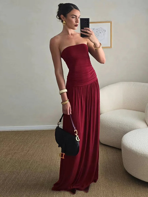 Mozision Off-shoulder Strapless Pleated Sexy Maxi Dress Women.