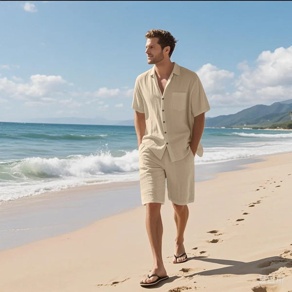 Summer Men's suit is a linen shirt short-sleeved and two-piece shorts set.