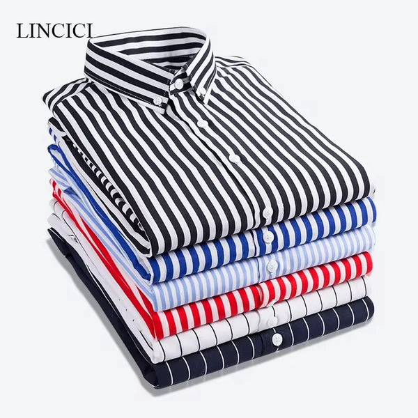 Men's Striped Shirt Solid Casual Long Sleeve Slim Fit Korean Edition Business.