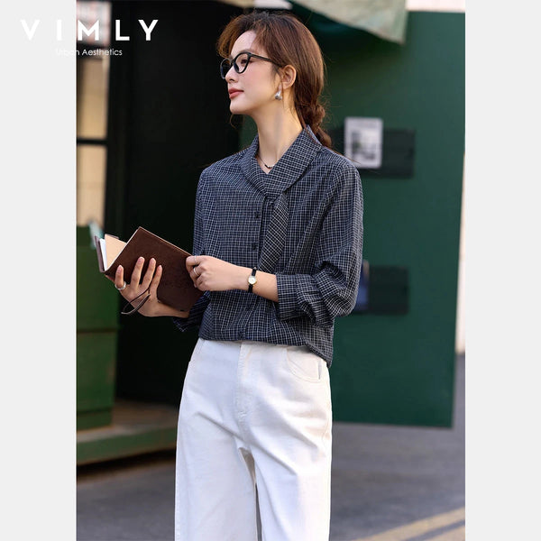 Women's Plaid Cotton Shirt Spring Fall Navy Blue Button Down Long Sleeve.
