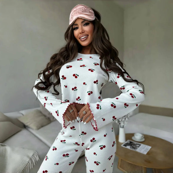 Lace Trim Women Pajama Set Short Sleeve Front Button Top & Full-Length.