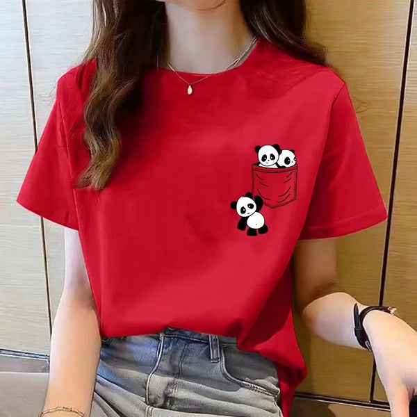 Women Short Sleeve Top Summer New Pocket Panda Cartoon Printed T-shirt.