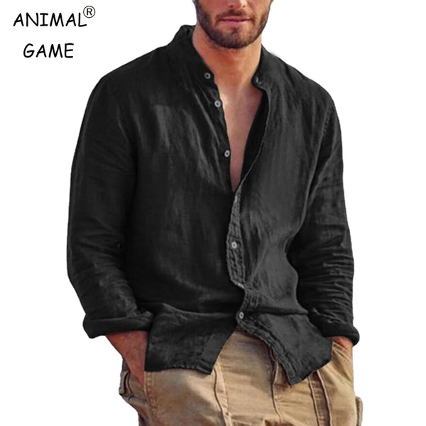 Sweatwear Men's Long Sleeve Shirt Linen Solid Color Shirts Trend Stand Collar.