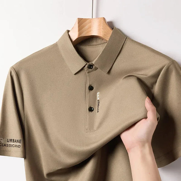 Men's Business Casual Short Sleeved Shirt with Badge Solid Color Polo Shirt.