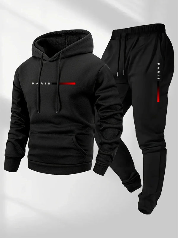 Print Sweatshirt Suit Men's Fleece Hoodie Pants Set Spring Autumn Winter.