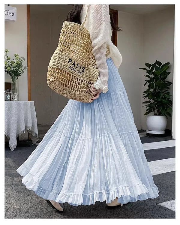 Elegant Pleated Skirt for Women with Elastic Waist Slim Fit A-Line Long.