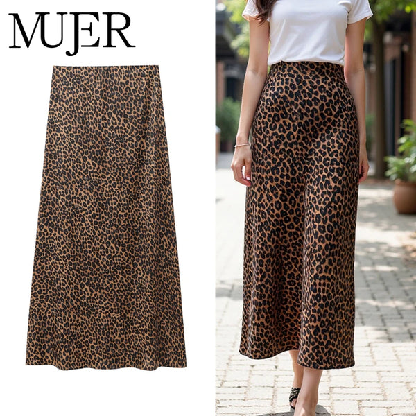Leopard Print Long Skirt Woman High Waist Midi Skirts for Women.