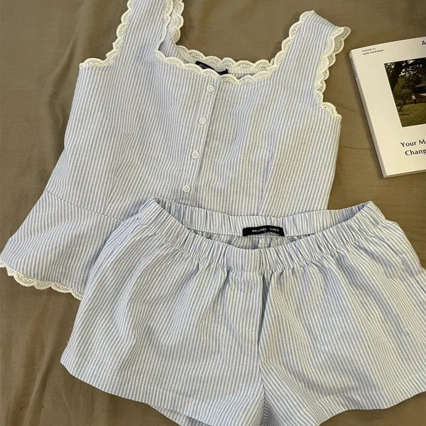 Striped Women Pajamas Summer Sleepwear Sleeveless Shorts Sets 2 Pieces.
