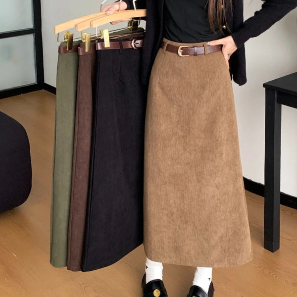 High Waist Slimming Retro Corduroy Midi Skirt Hip Concealing Straight.