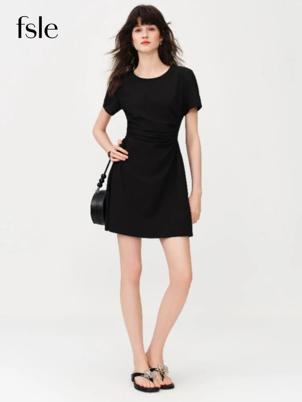Women's Black Midi Dress, Crew Neck Short Sleeve Waist-Cinching.