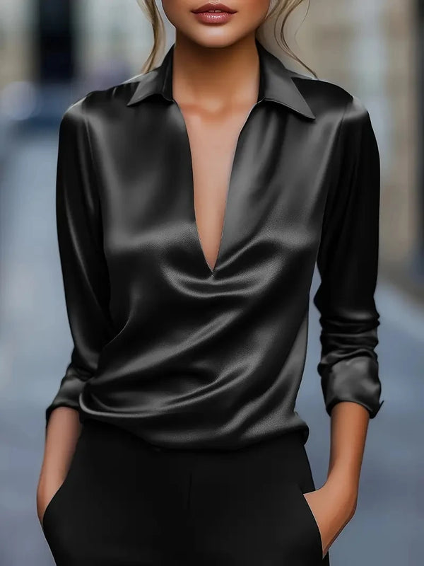 Women's Elegant Dressy Satin Work Shirt Plain Modern Casual Long Sleeve.