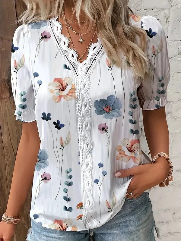 Fashion Casual Vacation Shirt Women Summer V Neck Hollow Out Solid Color.