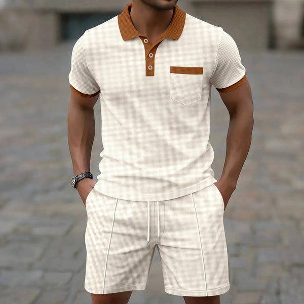 Men waffle pocket color matching POLO shirt short sleeve shirt T-shirt shorts two sets.