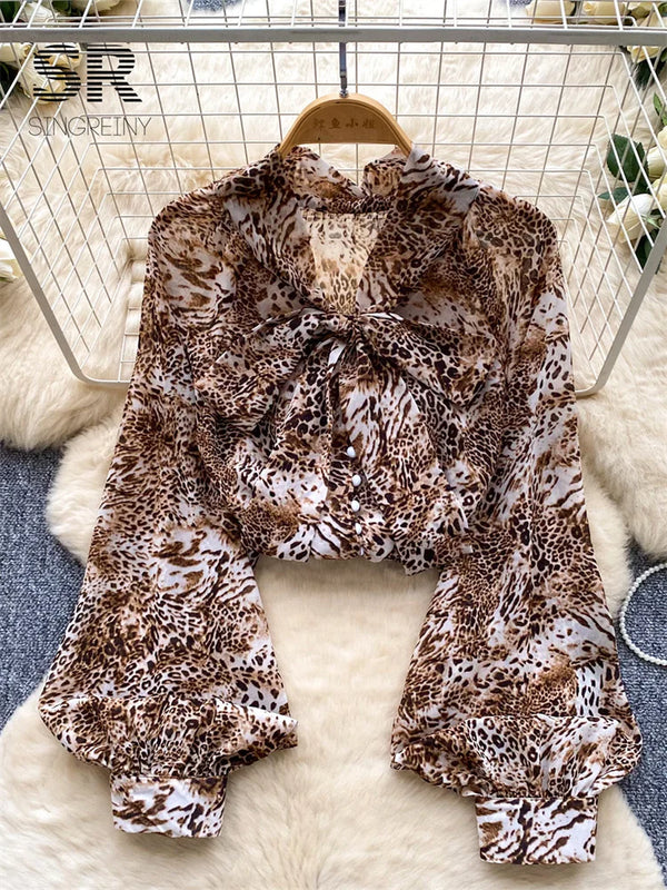 SINGREINY Leopard Office Lady Shirt American Fashion Bow Thin Loose.