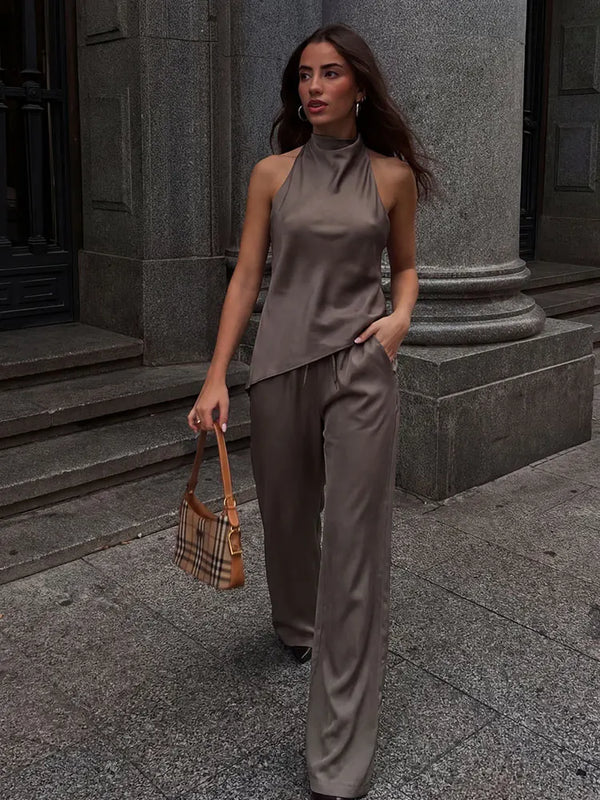 Womens Luxury Satin Two Piece Set Halter Neck Asymmetrical Top And Wide Leg Pant.