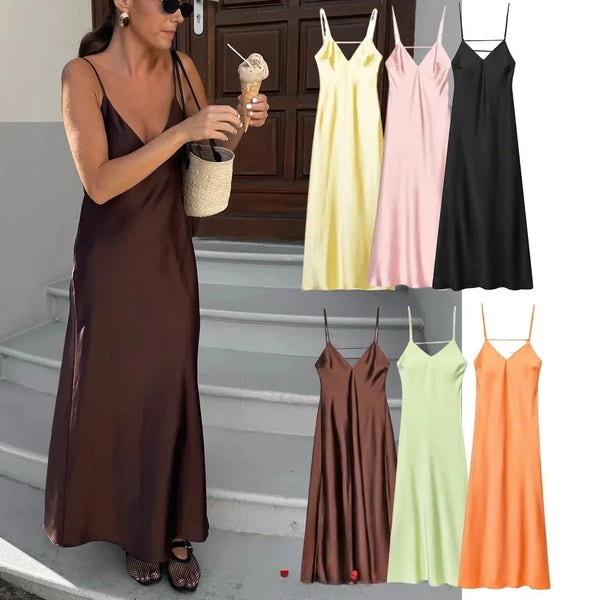 Sexy Chic Satin Women Party Dress V Neck Backless Long Eevning Club Dress.