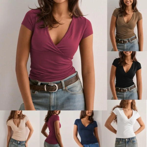 Women's T-Shirt Solid-Color Slim-Fit V-Neck Short-Sleeve Top Y2k .