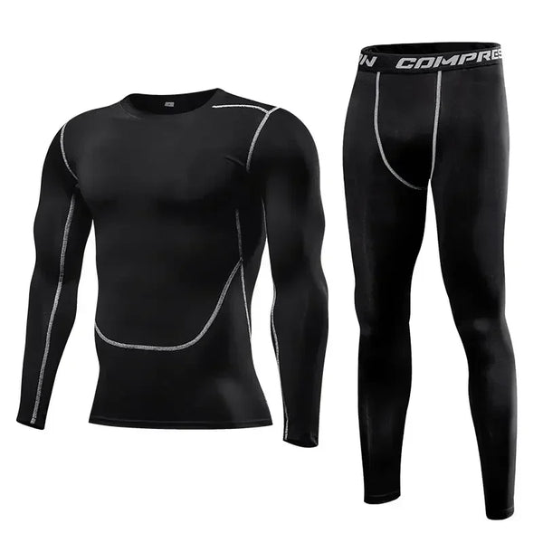 Men Sports Running Set Compression Shirt + Pants Skin-Tight Long Sleeves.