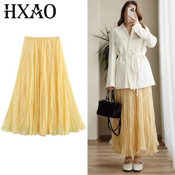 Women's Skirt Yellow Pleated Skirt Summer.