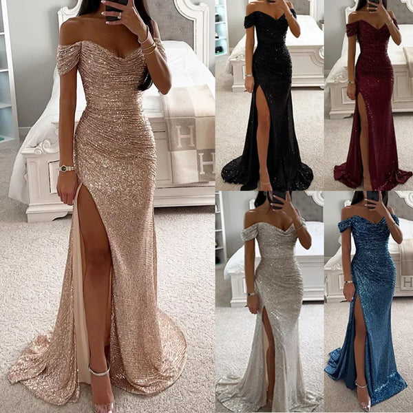 New Party Sequins One line Neck Split Dress INS Casual Versatile Fashionable Charming Slimming Dress.