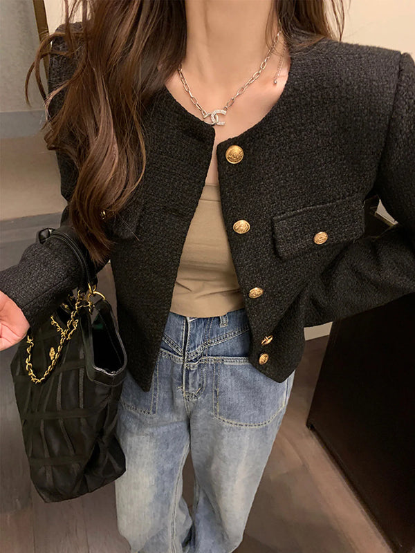French Wool Tweed Coat Fashion High-end Gold Button Short Slim for Women.