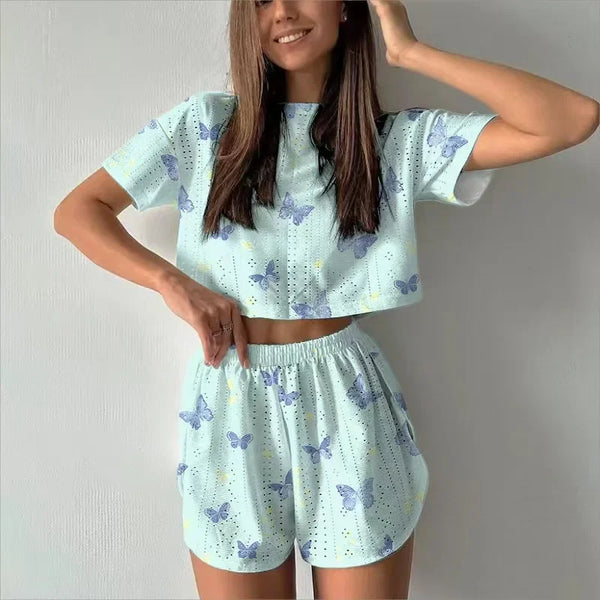 Summer Women's Casual Print Hollow out Short Two-Piece Set V-neck Home.