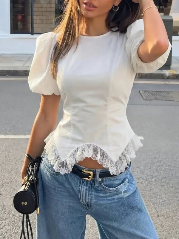 Casual Lace Insert Hem Blouse Women's Puff Sleeve Solid Round Neck.